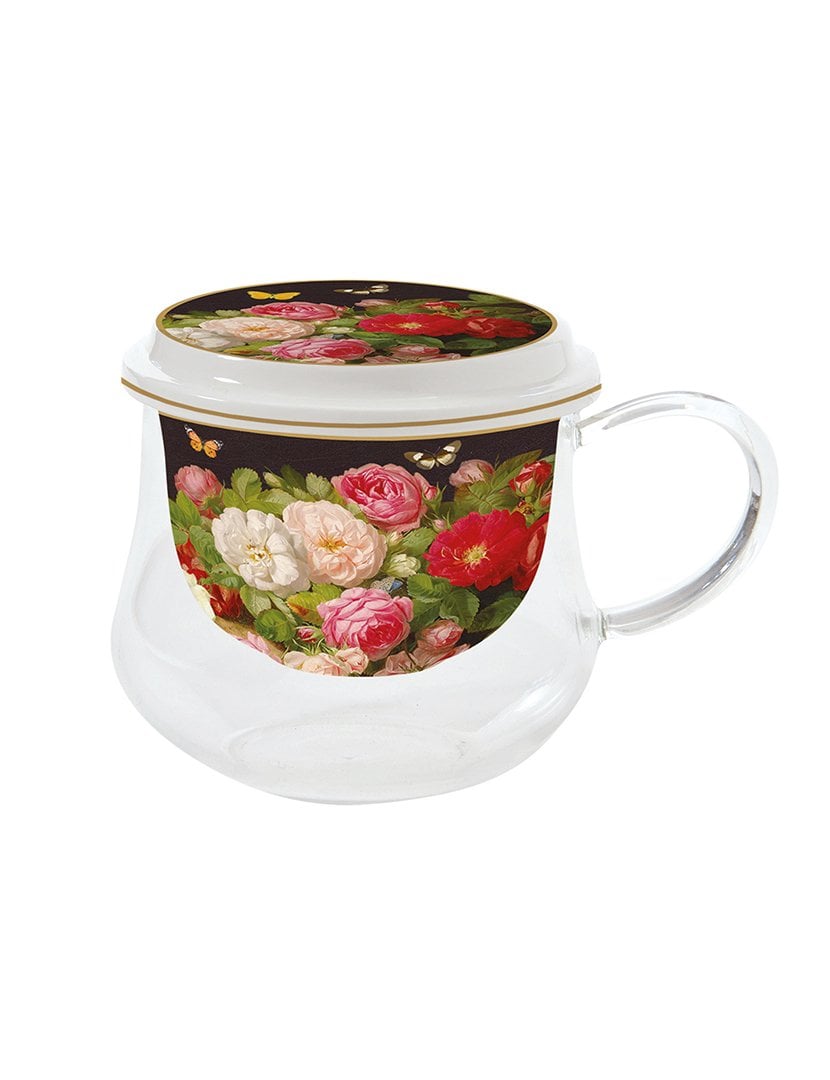 Copo 275ml Vidro Borosilicato com infusor Porcelana e tampa VICTORIAN GARDEN
